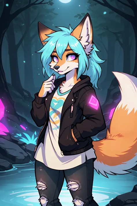 a cartoon fox with blue hair and a black jacket standing in a forest