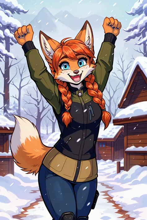 a cartoon fox with long red hair and a black jacket