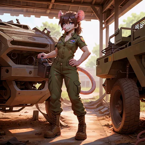 UHD 8k, HDR+, solo cute female (rat:1), intricately detailed, mechanic, small_breasts, [tail::5], working on a military armored treaded vehicle,