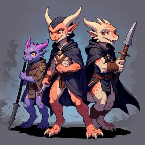 adventurers, bow /(weapon/), cloak, colored background, fangs, kobold, mage, pointy ears, [tail], [tongue::1]