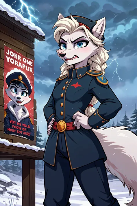 Propaganda_poster, defiant_dominant_pose,
stormy_night, (blizzard:1.2), sleet, hail, lightening, grim_weather_for_grim_deeds,
1girl, arctic_fox_girl, <lora:elsa:0.7> elsa, blue eyes, long hair, single braid, peaked_cap, black_uniform, angry_sneer,