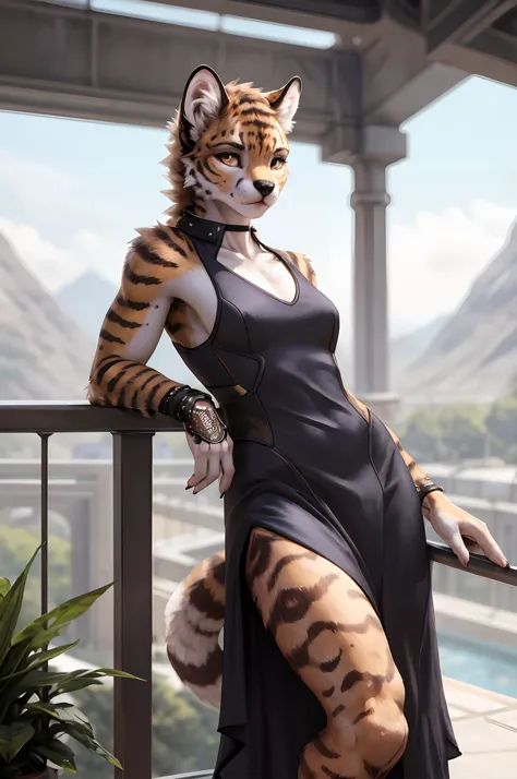 a close up of a woman in a tiger costume posing on a balcony