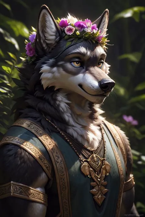 cosmic flowers, flower crown, portrait, male, wolf, black fur, anthro, tunic, illustration, insanely detailed octane rendering t...