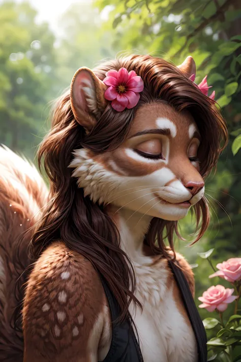 dreamy young muscular (squirrel lady:1.2), closed eyes, hair flowers, realistic fur, whiskers, realistic photo, <lora:Furtastic_...