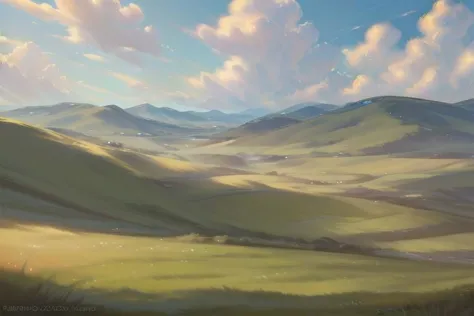 ((((landscape, nature, zero pictured, rolling hills, long grass, clouds, grass, prairie)))), ((by Pino Daeni, by Ruan Jia, by Fumiko, by Levelviolet, by Supplesee)), outside,