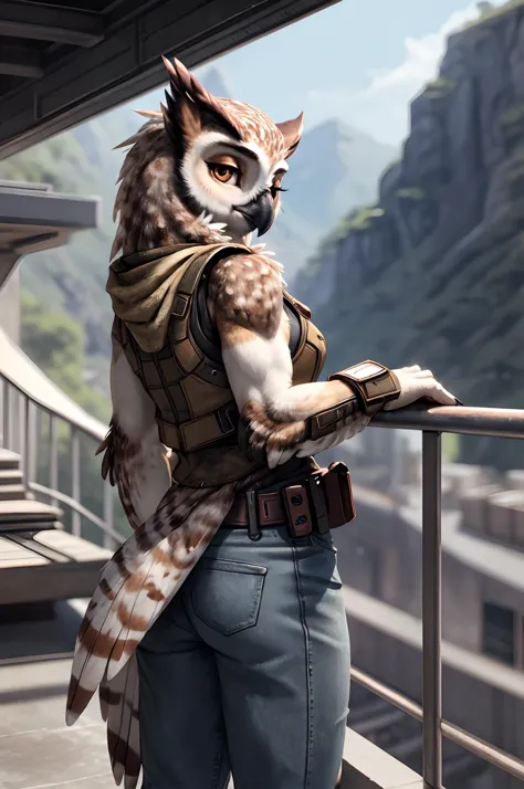 rear view, dreamy young muscular cute adventurer (owl female:1.2), tomboy, looking back at viewer, half-closed eyes, detailed ey...