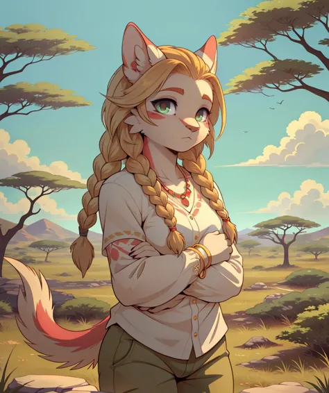 (best quality, masterpiece:1.1), SFW, 1 Girl, (Mauritian:1.2), (green french braid hairstyle), yellow trousers, spinel jewelry, Hauberk accents, glowing pupils, dark grey eyes, peaceful expression, savanna background, flat colors, cel shading, hard shadows,