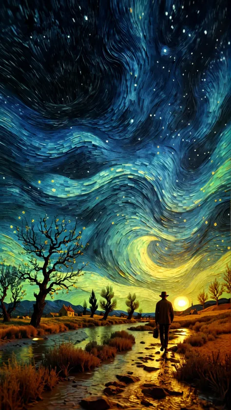 a painting of a man walking down a path under a starr sky