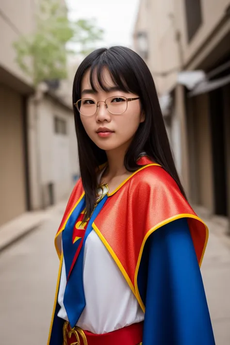 a stunning intricate full color portrait of a 25 years old shy Korean woman, Superhero costume and a cape, within a desolate bac...