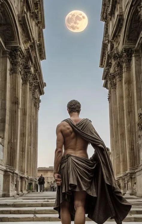 [Official Roman Empire] photo of an ((Roman Caesar with a blue supermoon behind him))(phi golden ratio composition)BREAK [sombre...