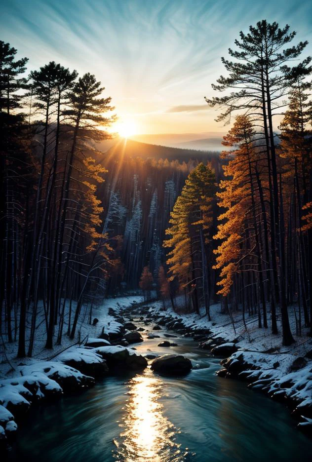 ((Cube de verre massif mégalithique))(paysage canadien d&#39;hiver élégant et majestueux à couper le souffle, vue hyper détaillée à couper le souffle sur la rivière tumultueuse à travers la forêt d&#39;hiver extrêmement majestueuse scintillant après les couleurs de la pluie au lever du soleil, éclairage naturel à contraste élevé, une représentation d&#39;une beauté impressionnante, (film Ektar 100 à vibrance saturée)(contraste parfait à mi-niveau, hdr, courbes, et histogramme)
 couleur vive epiC35mm