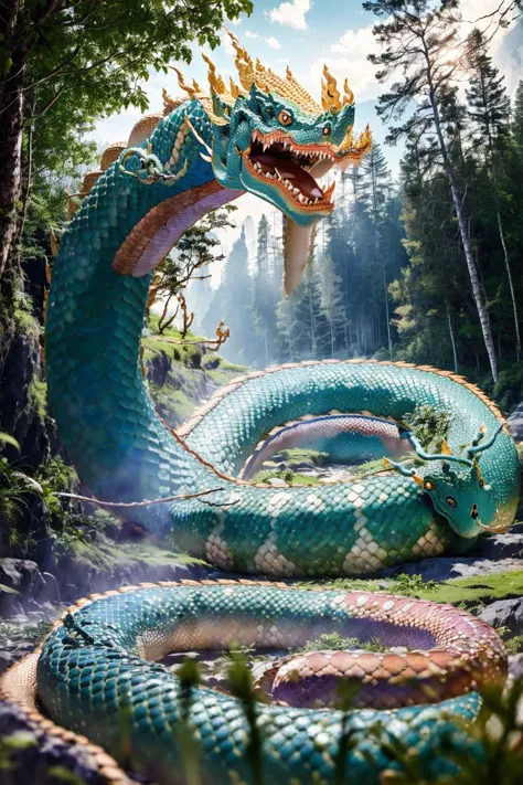 (best quality:1.4), (ultra highres:1.2), (photorealistic:1.4), (8k, RAW photo:1.2),  very high detail, (portrait shot:1.5),  (himmapan style:1.7),(giant gigantic naga snake dragon:1.3), small trees,  in jungle <lora:HimmapanV1:0.8>