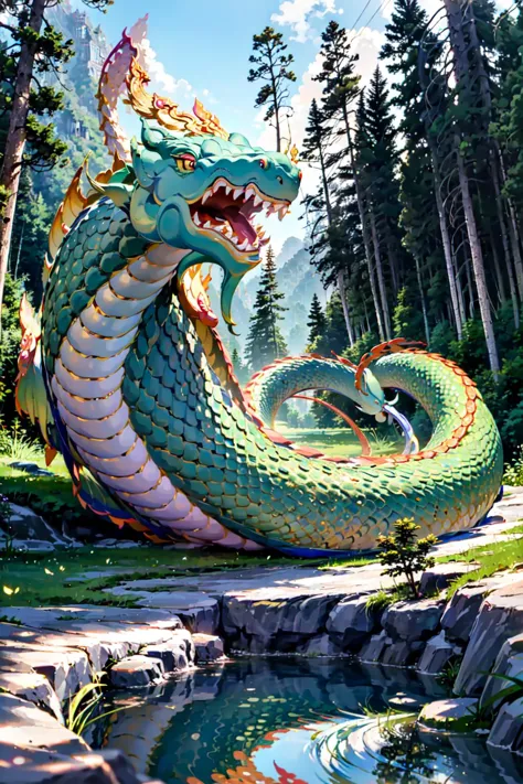 (best quality:1.4), (ultra highres:1.2), (photorealistic:1.4), (8k, RAW photo:1.2),  very high detail, (portrait shot:1.5),  (himmapan style:1.7),(giant gigantic naga snake dragon:1.3), small trees,  in jungle <lora:HimmapanV1:0.8>