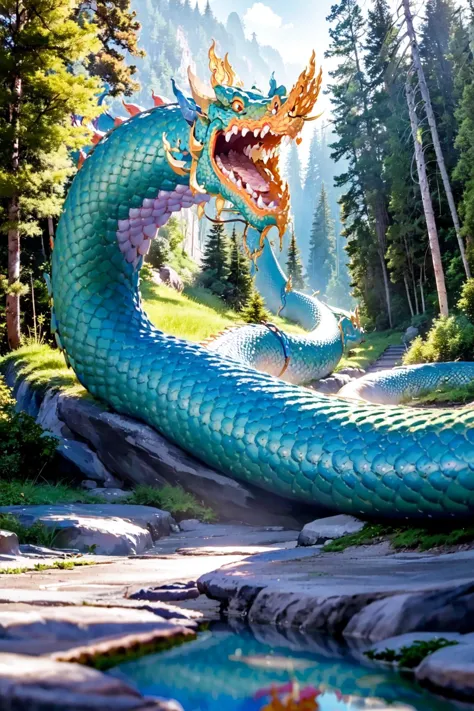 (best quality:1.4), (ultra highres:1.2), (photorealistic:1.4), (8k, RAW photo:1.2),  very high detail, (portrait shot:1.5),  (himmapan style:1.7),(giant gigantic naga snake dragon:1.3), small trees,  in jungle <lora:HimmapanV1:0.8>