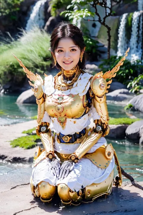 a woman in a gold and white outfit sitting on a rock