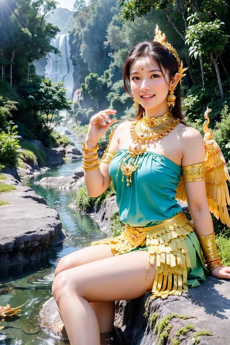 arafed asian woman in a green and gold costume sitting on a rock