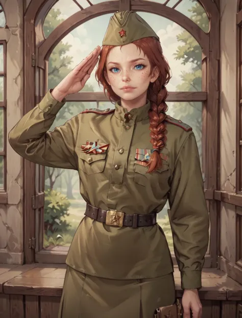 score_9, score_8_en haut, score_7_en haut, source_anime PAUSE 1fille, seulement,Uniforme militaire soviétique, Casquette de garnison soviétique, ceinture, cheveux roux, cheveux tressés, taches de rousseur, saluer, regarde le spectateur, émotif, T_T, jupe, yeux bleus, fenêtre, arbre  