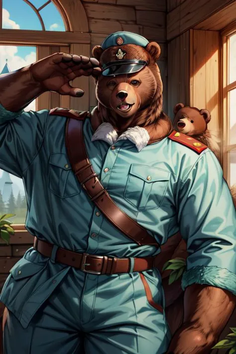 a close up of a man in uniform holding a bear