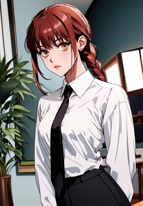 <lora:makima-10:0.8> makima, shirt, braid, braided ponytail, collared shirt, white shirt, black necktie, looking at viewer, long...