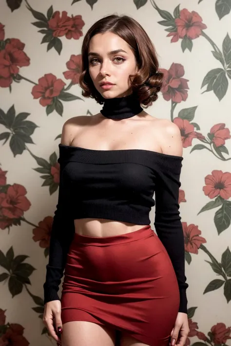 a close up of a woman in a black top and red skirt