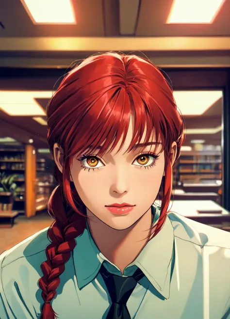 <lora:makima-10:0.9> makima, red hair, 1girl, portrait, shirt, braid, braided ponytail, collared shirt, white shirt, black necktie, looking at viewer, long sleeves, formal, suit, black pants, portrait, indoors, <lora:Tsukasa Hojo:0.7>