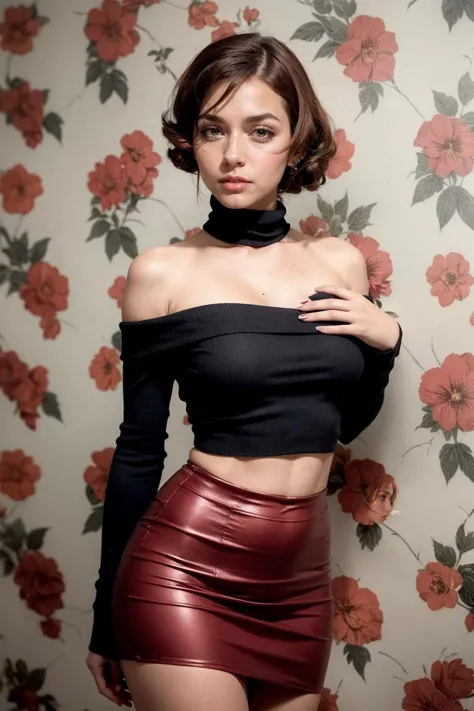 a close up of a woman in a black top and red skirt