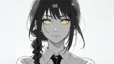 1girl, aged_up, solo, looks at the viewer, makima, braid, braided ponytail, yellow eyes, ((ringed eyes)), white shirt, necktie, ...