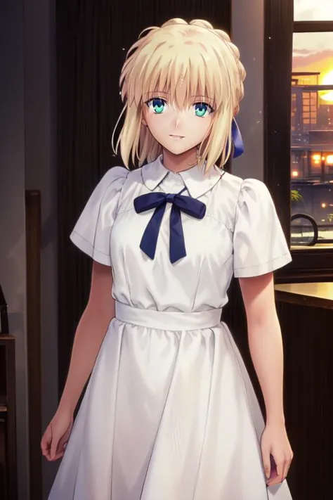 (masterpiece,best quality),cyclone \(reizei\), 1girl, solo, <lora:cyclone:1>,parted lips, dutch angle,
 <lora:saber_v1_pro_phSaber:0.8>,phSaber,white shirt, blue dress, cowboy shot, indoors, sunset,looking at viewer, smile,