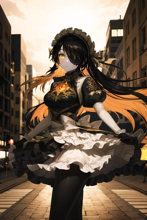 anime girl in a black and white dress walking down a street