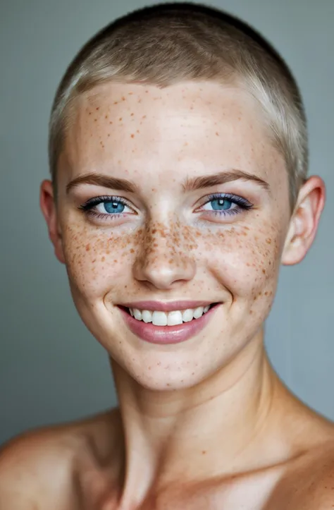 beautiful lady, (freckles), big smile, blue eyes, buzzcut hair, dark makeup, hyperdetailed photography, soft light, head and shoulders portrait, cover