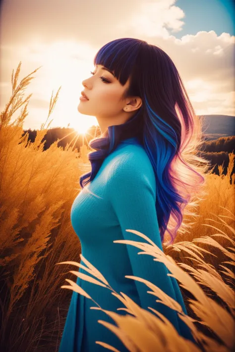 1girl, fantasy Photograph, Elegant, side view shot of a Potent Ultrarealistic DayGlo blue ("The fragrance of nostalgia, memories...