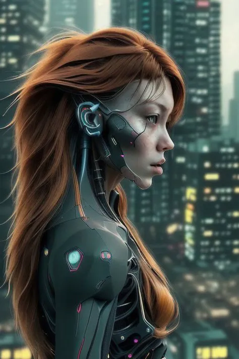 real raw portrait, cyberpunk style, cyberware implants, photorealistic, young girl, ginger long hair, beautiful clouds, low angl...
