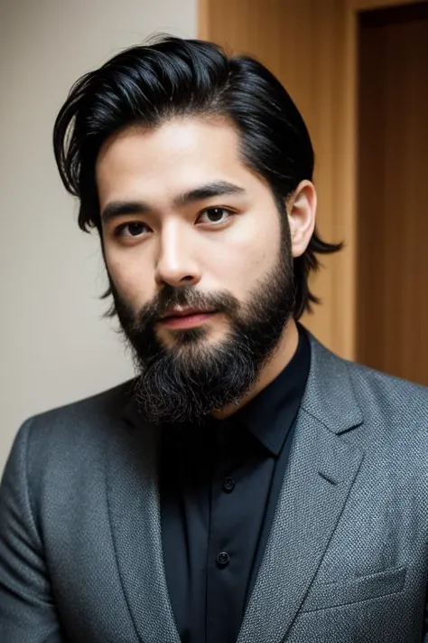 a close up of a man with a beard and a suit