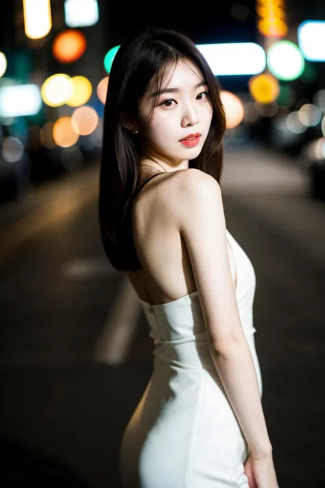 melhor qualidade e melhor estética,Foto de uma linda modelo coreana bokeh city night,pele pálida,fotografia com flash Fujifilm XT3,filme ainda,grão de filme,cinematic