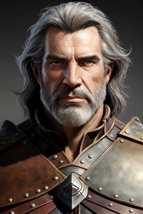 portrait of a ruggedly handsome paladin, soft hair, muscular, (half body), masculine, mature, salt and pepper hair, leather, hai...
