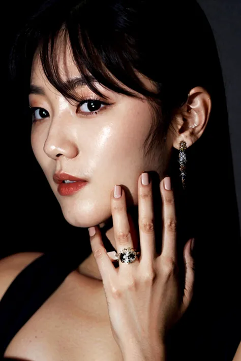 nigth,A photo of a sexy korean idol wearing a ring on her hand,Wearing a beautiful dress,face close-up ,Cleavage visible,
,detailed hand and Detailed 5 fingers and Detailed 5 finger nails,black hair,
She raised a hand to her face, 
film grain,cinematic,flash photography,dark bedroom background