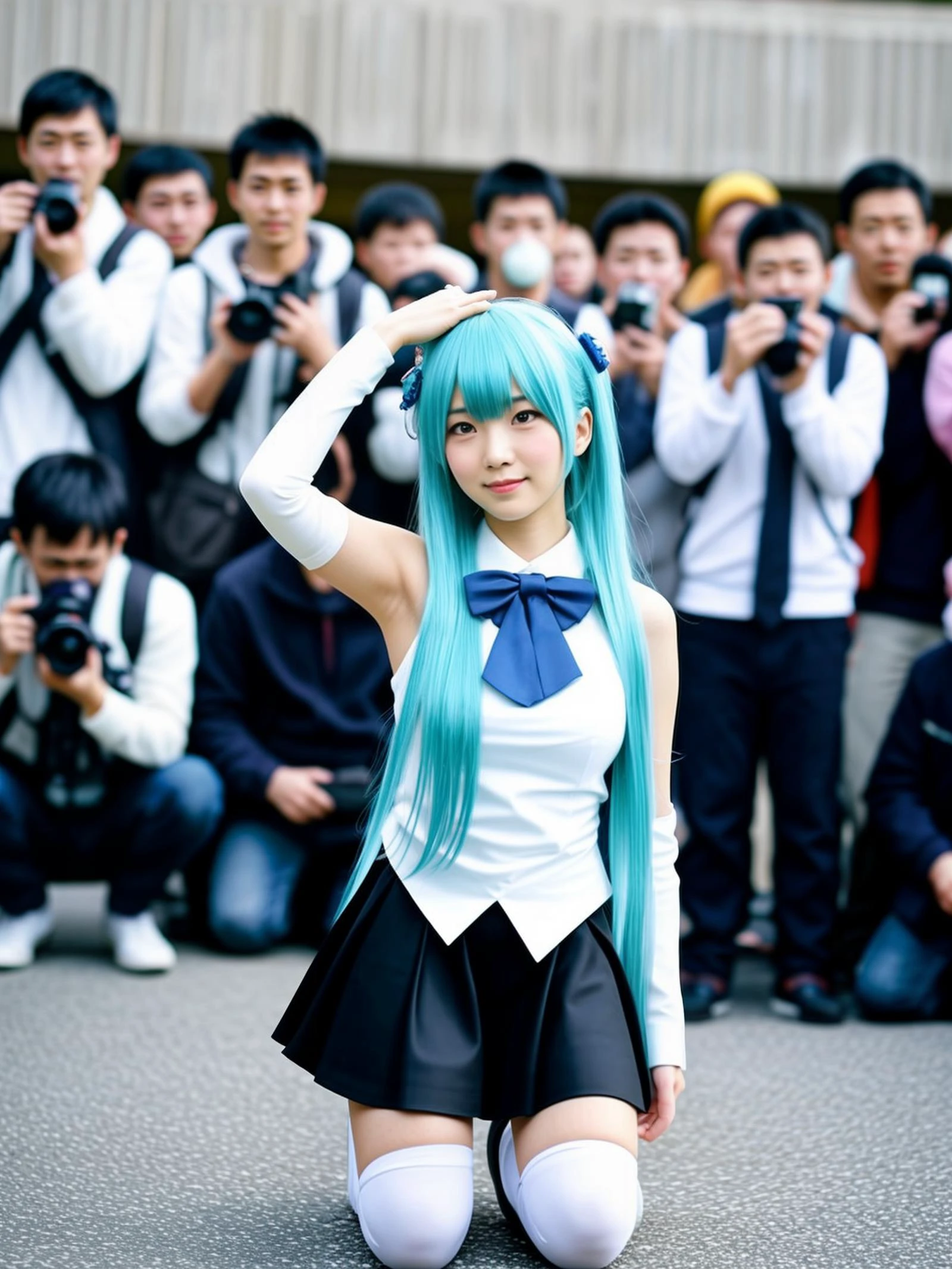 a beautiful 18-year-old Chinese woman,
view of a woman from front,multiple clothed male photographers taking photos of a woman with cameras,multiple clothed male photographers taking photos of the same woman with phones,multiple photographer backgrounds,woman focus,woman facing viewer,woman looking away,woman full body visible,woman arm up,her other hand was on her thigh,woman is kneeling on one foot,detached sleeves,taking picture,long hair,skirt,crowd,multiple photographers wearing mouth mask,thighhighs,woman with aqua hair,twintails,very long hair,bow,hair ornament,cosplay,one knee,bowtie,smile,sleeveless,black skirt,bare shoulders,white boots,white shirt,bangs,outdoors
depth of field,blurry background outdoors,square,, 