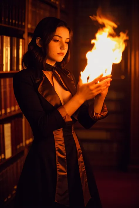 film grain,cinematic film still,Photo of a 20-year-old mysterious female magician with her hands burning in flames, old library,...