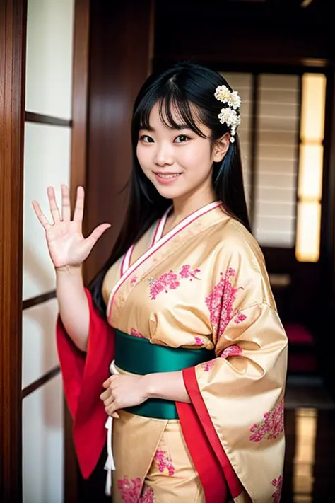 film grain and a beautiful asian idol waving to the camera and medium full shot and kimono