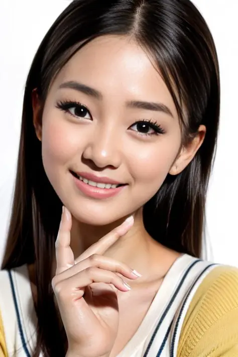 8k HD RAW high resolution photo and (face close-up:0.75) and A beautiful Ulzzang Korean idol puts her hand on one of her cheeks:...