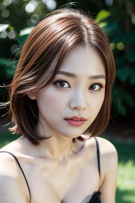 film grain,detailed,1 Ulzzang girl,long lashes,mascara,aegyo sal,cleavage visible,short [red|grey] hair,(drooping eyes),oval face,(masterpiece:1.2) and (best quality:1.2) and (photorealistic:1.4) and (Realistic:1.4) and Detailed Skin Textures and detailed ...