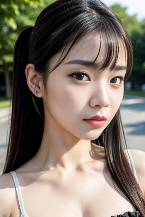 film grain,detailed,1 Ulzzang girl,long lashes,mascara,aegyo sal,cleavage visible,bangs,twintails,(drooping eyes),oval face,(masterpiece:1.2) and (best quality:1.2) and (photorealistic:1.4) and (Realistic:1.4) and Detailed Skin Textures and detailed skin p...