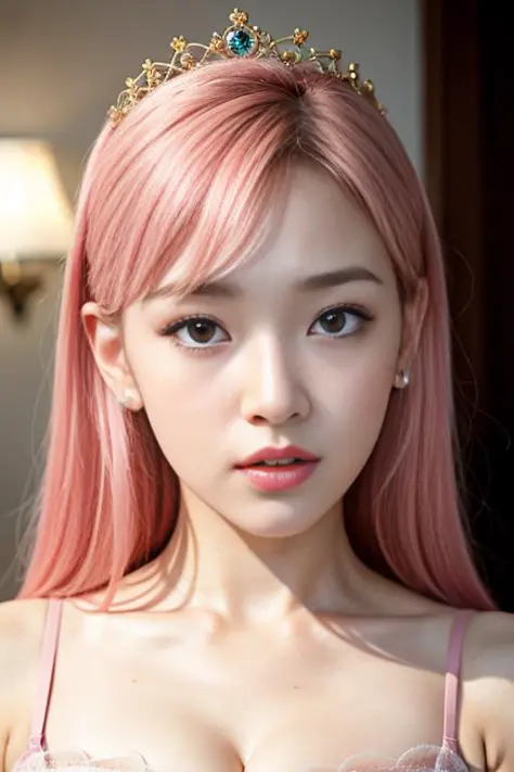 film grain,detailed,1 Ulzzang girl,long lashes,mascara,aegyo sal,cleavage visible,bangs,princess head,pink hair,cute,(drooping eyes),oval face,(masterpiece:1.2) and (best quality:1.2) and (photorealistic:1.4) and (Realistic:1.4) and Detailed Skin Textures ...