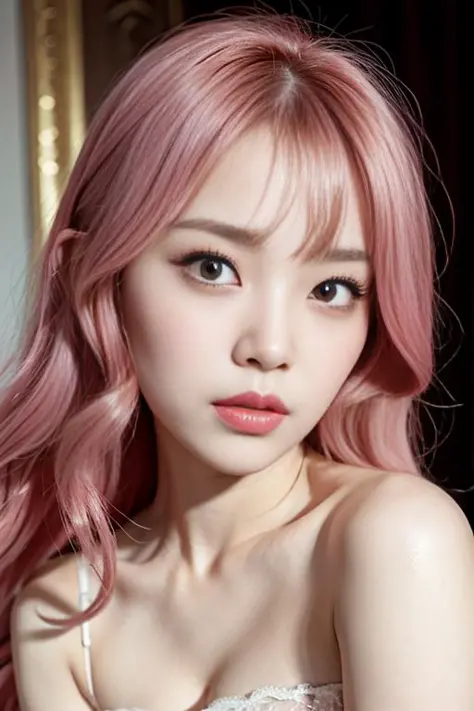 film grain,detailed,1 Ulzzang girl,long lashes,mascara,aegyo sal,cleavage visible,bangs,wavy hair,pink hair,cute,(Amorous eyes),oval face,(masterpiece:1.2) and (best quality:1.2) and (photorealistic:1.4) and (Realistic:1.4) and Detailed Skin Textures and d...