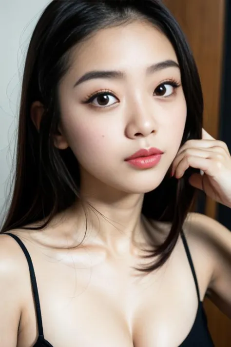film grain,1 Ulzzang,asian girl,long lashes,mascara,aegyo sal,cleavage visible,(masterpiece:1.2) and (best quality:1.2) and (photorealistic:1.4) and (Realistic:1.4) and Detailed Skin Textures and detailed skin pores