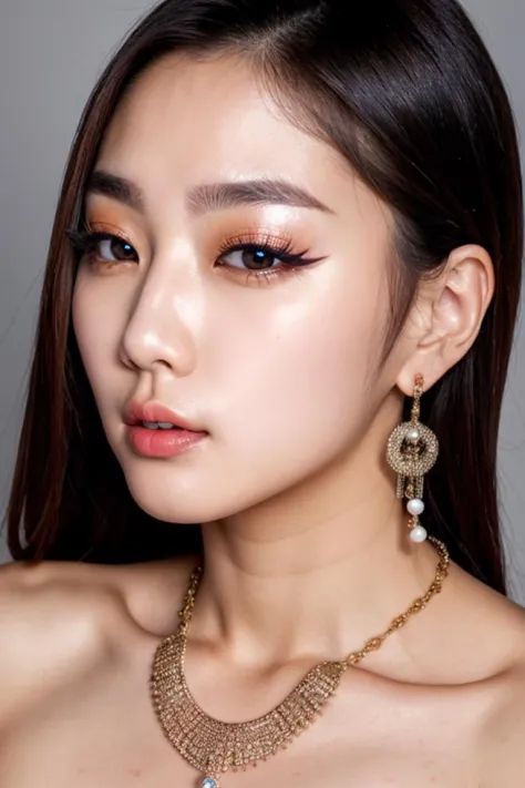 face Close-up,photo of a sexy Korean idol,face,Detailed pupils,skin texture,From front,Detailed eyes,sexy, seductive,necklaces, earrings, jewelry,eye shadow,skin pores