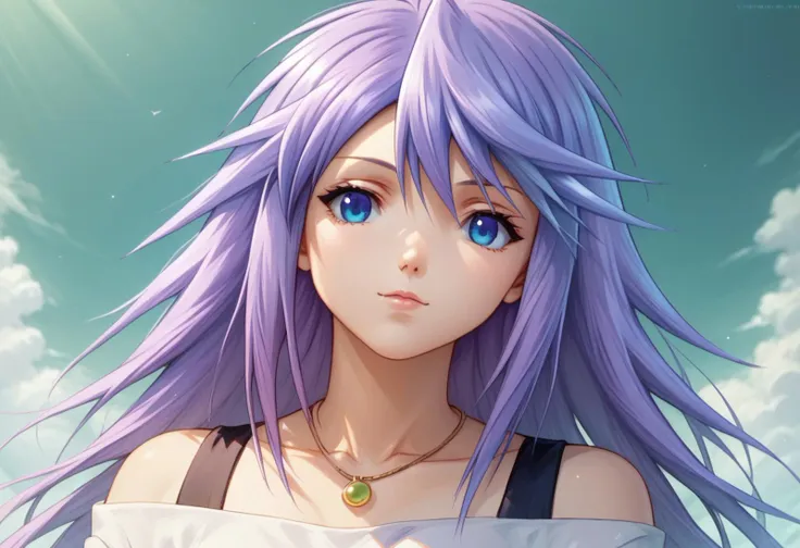 a woman with purple hair and blue eyes standing in front of a blue sky