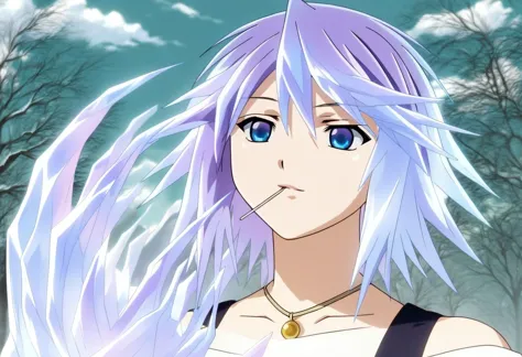 anime girl with long purple hair and blue eyes in front of trees