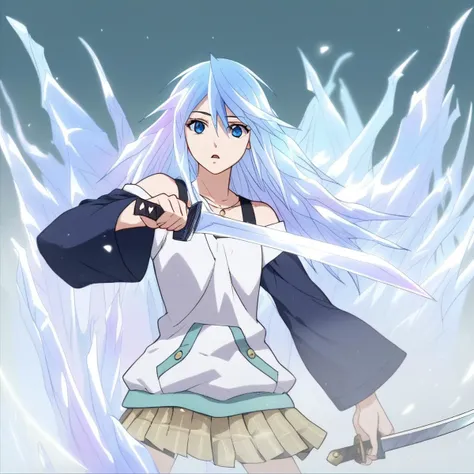 anime girl with blue hair holding a sword in front of a blue background