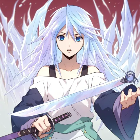 anime girl with blue hair holding a sword and a sword